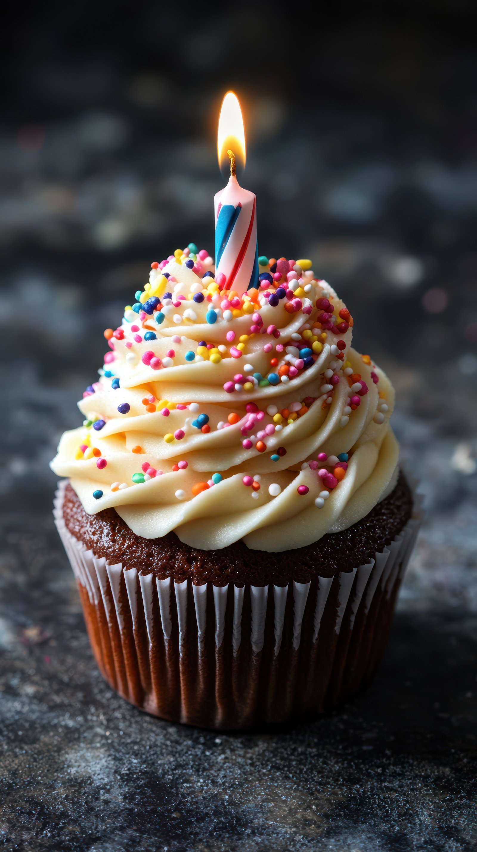 Delicious cupcake with colorful sprinkles and a lit candle ready for celebration in a cozy setting
